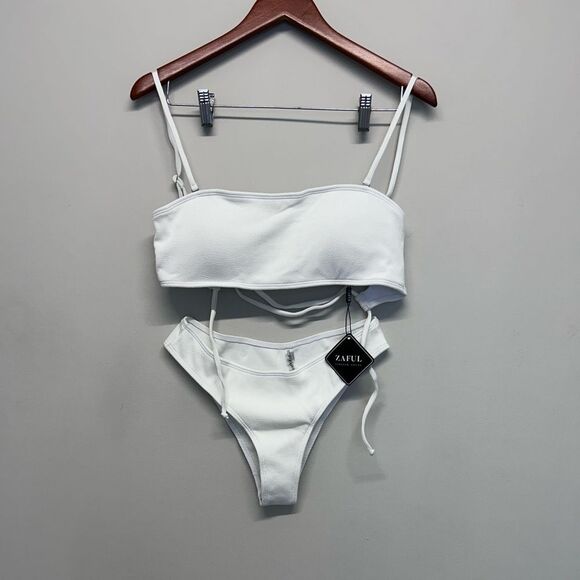 ZAFUL Women’s Strapless Lace Up Bikini Bandeau 2 Piece Swimsuit White Small - Picture 2 of 7